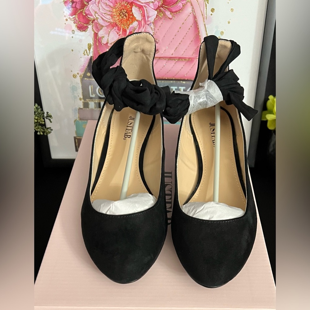JustFab Black Suede Ankle Tie Heels